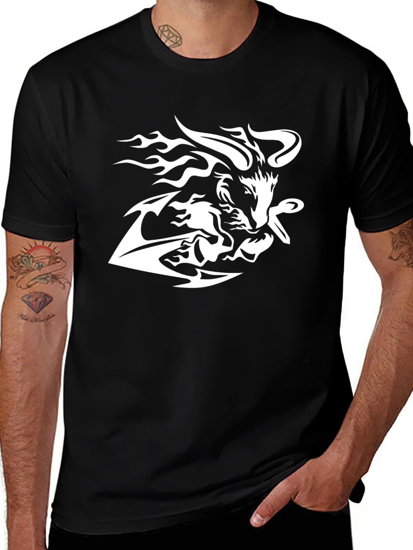 Black Tee with White Tribal Wolf Design
