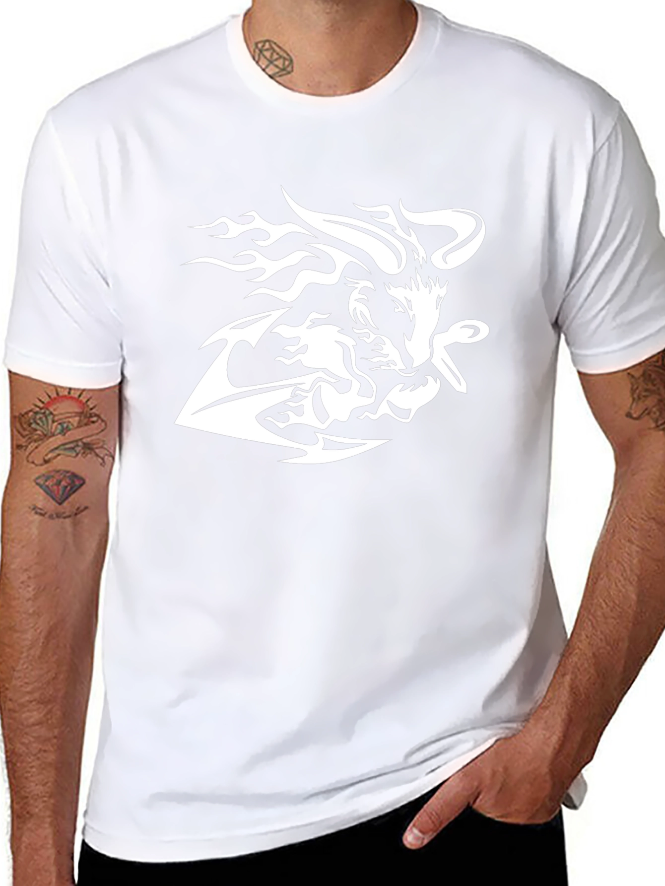 Black Tee with White Tribal Wolf Design