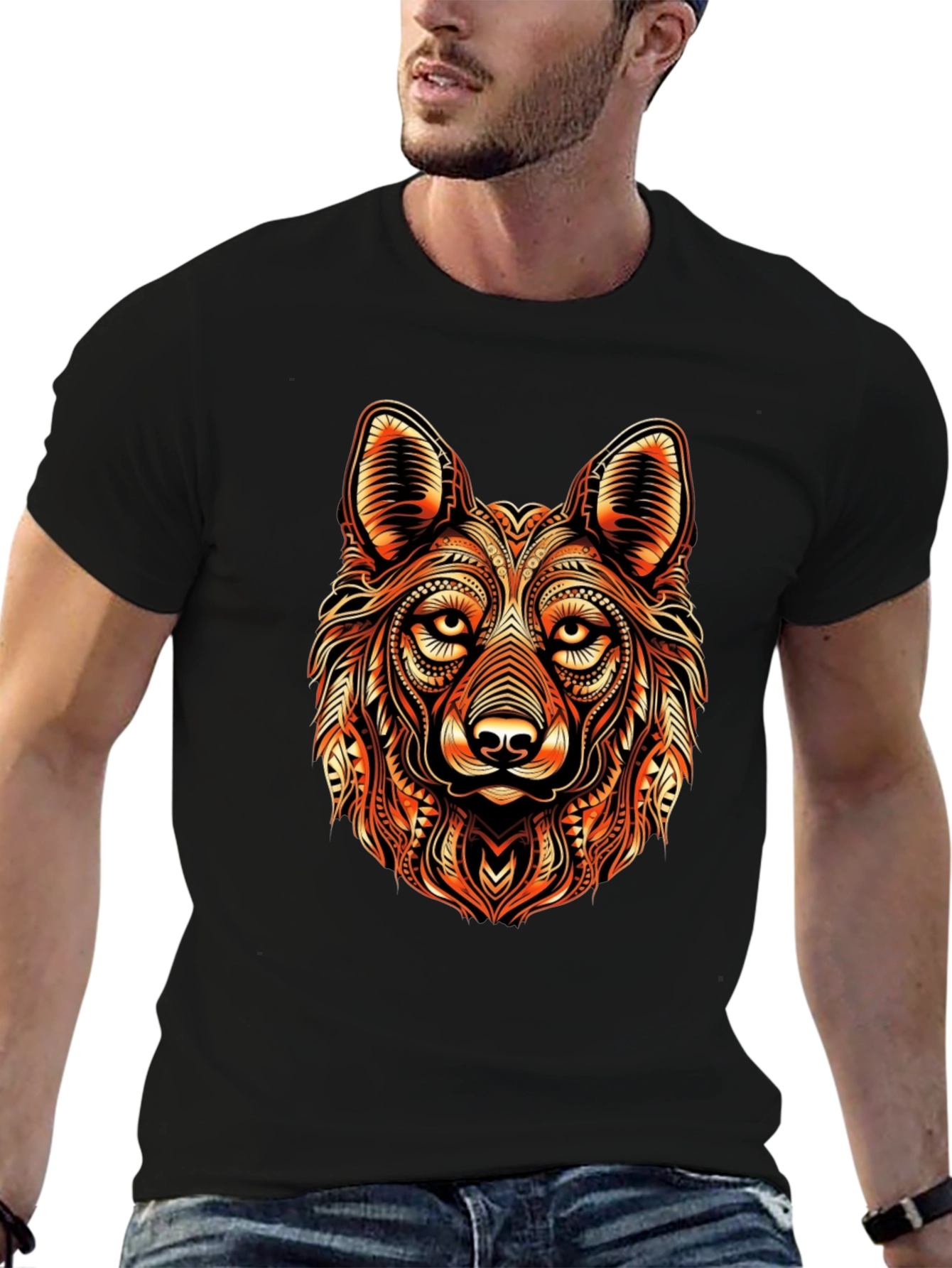 Wolf Head Graphic Print Black T-Shirt