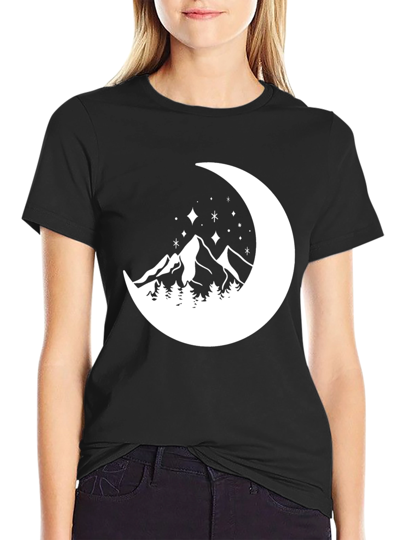 Mountain Moon Graphic Tee - Black Cotton Comfort