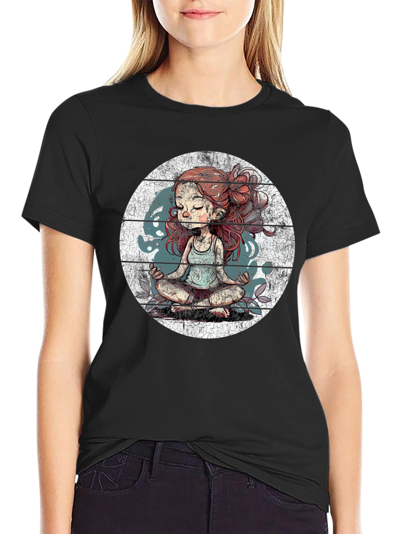 Meditating Girl Graphic Tee - Black Cotton Blend