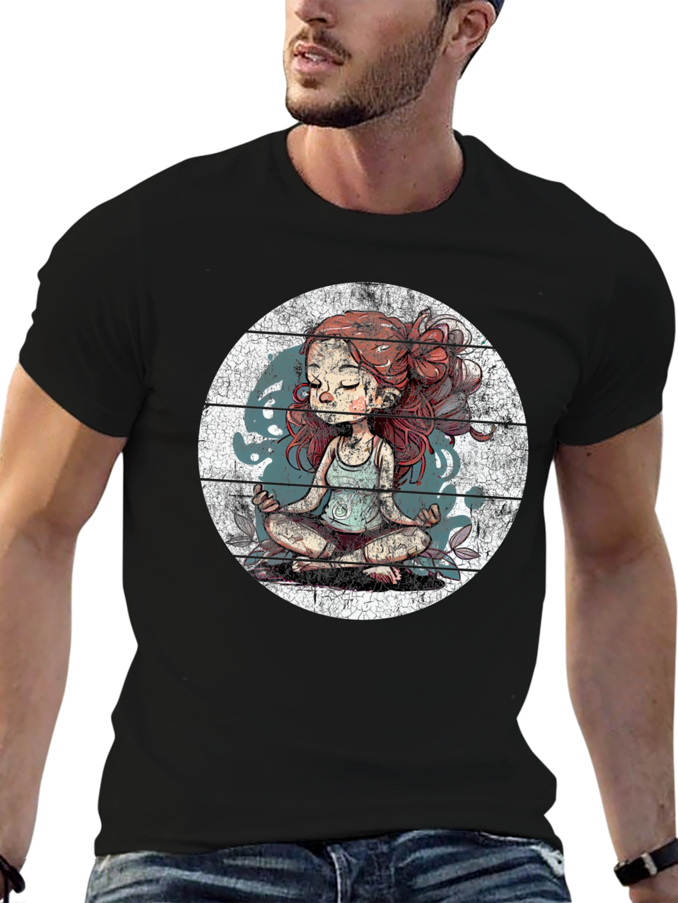 Meditating Girl Graphic Tee - Black Cotton Blend