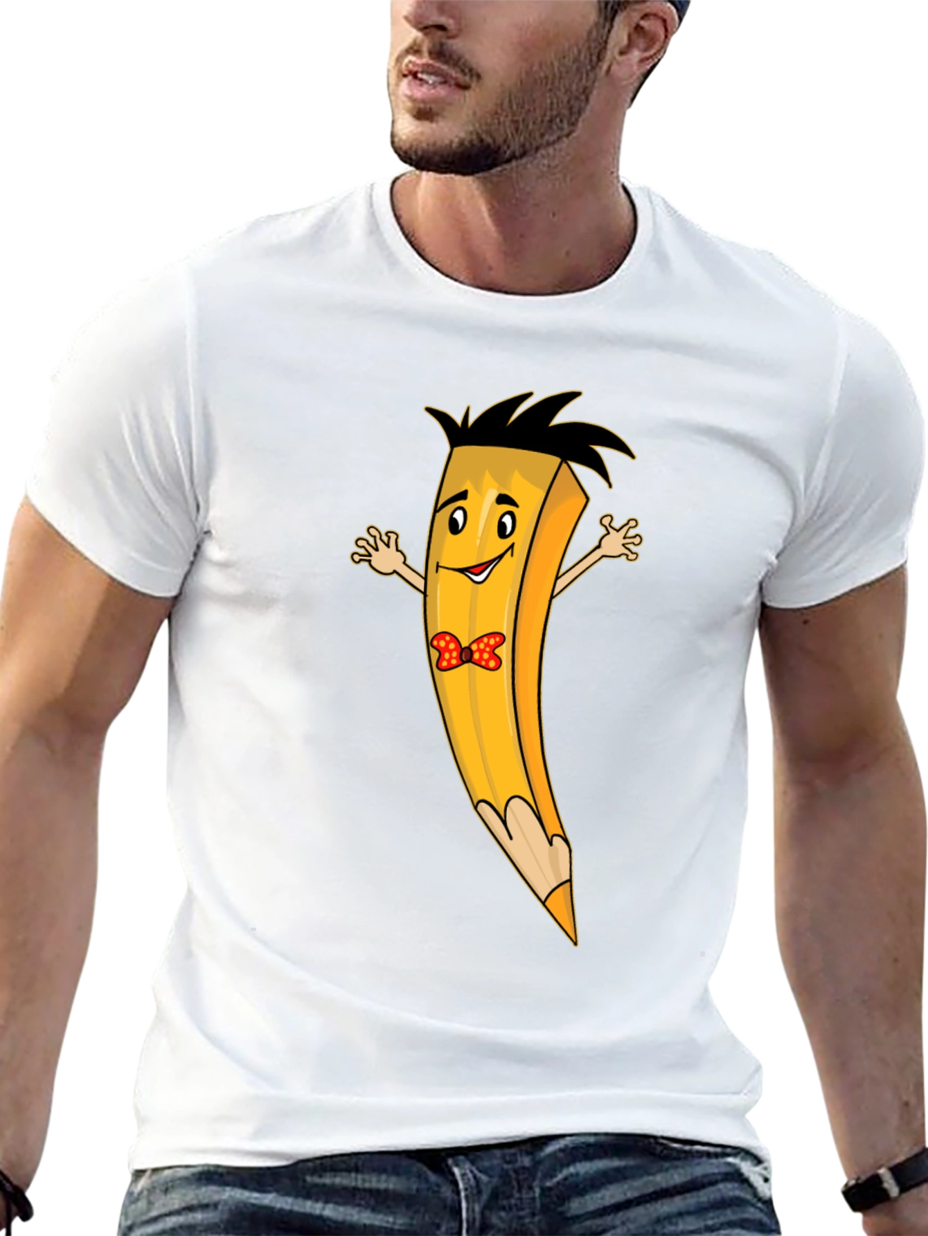Cartoon Pencil Bowtie Black T-Shirt