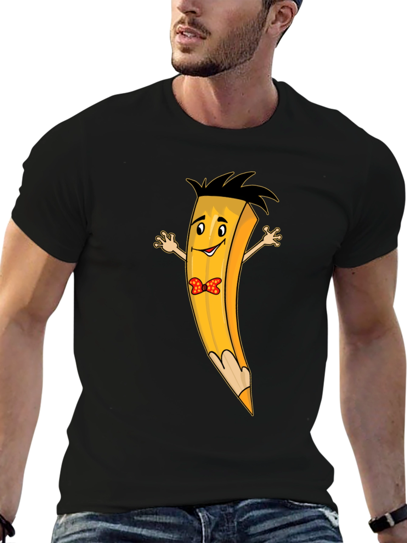 Cartoon Pencil Bowtie Black T-Shirt