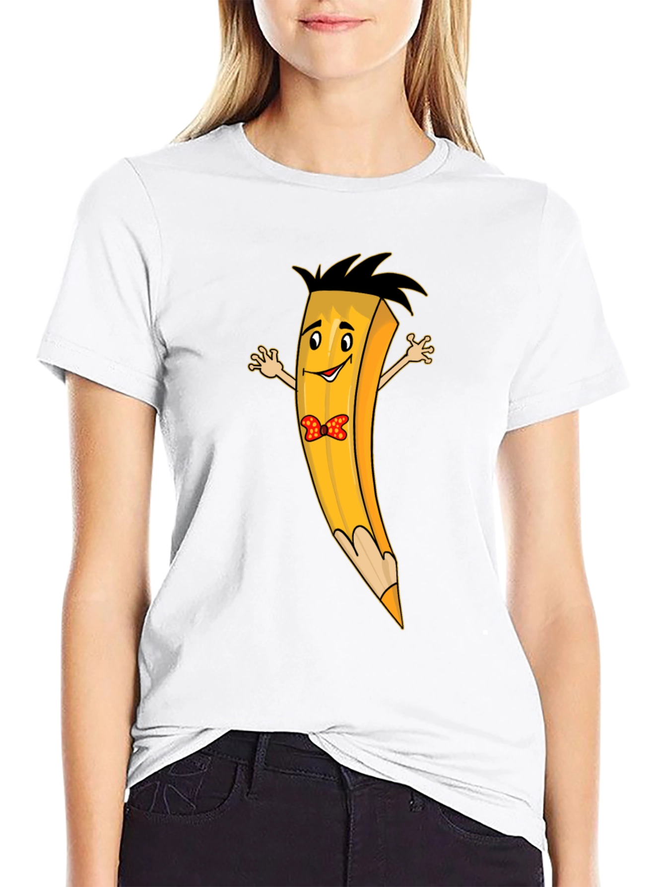 Cartoon Pencil Bowtie Black T-Shirt