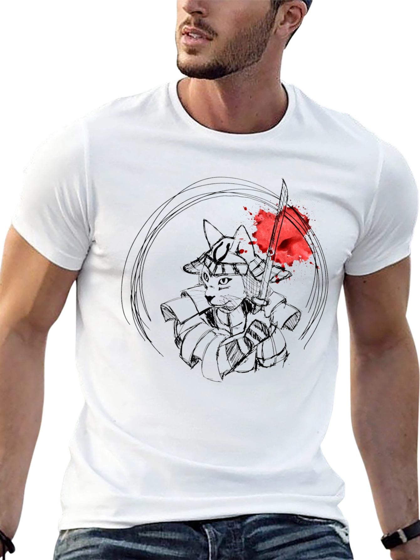Samurai Cat T-Shirt - Warrior Kitten Graphic Tee