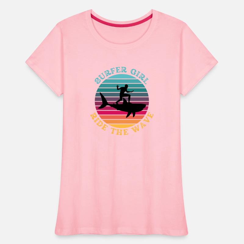 Shark Surfer Girl Ride the Wave Rainbow Sunset