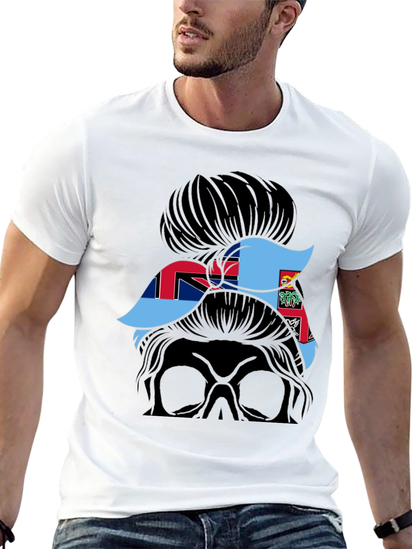 Fiji Flag Messy Bun T-Shirt - Black