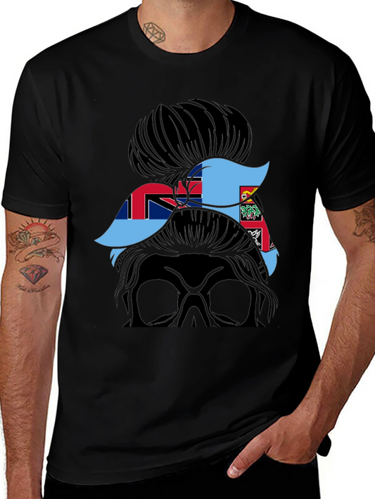 Fiji Flag Messy Bun T-Shirt - Black