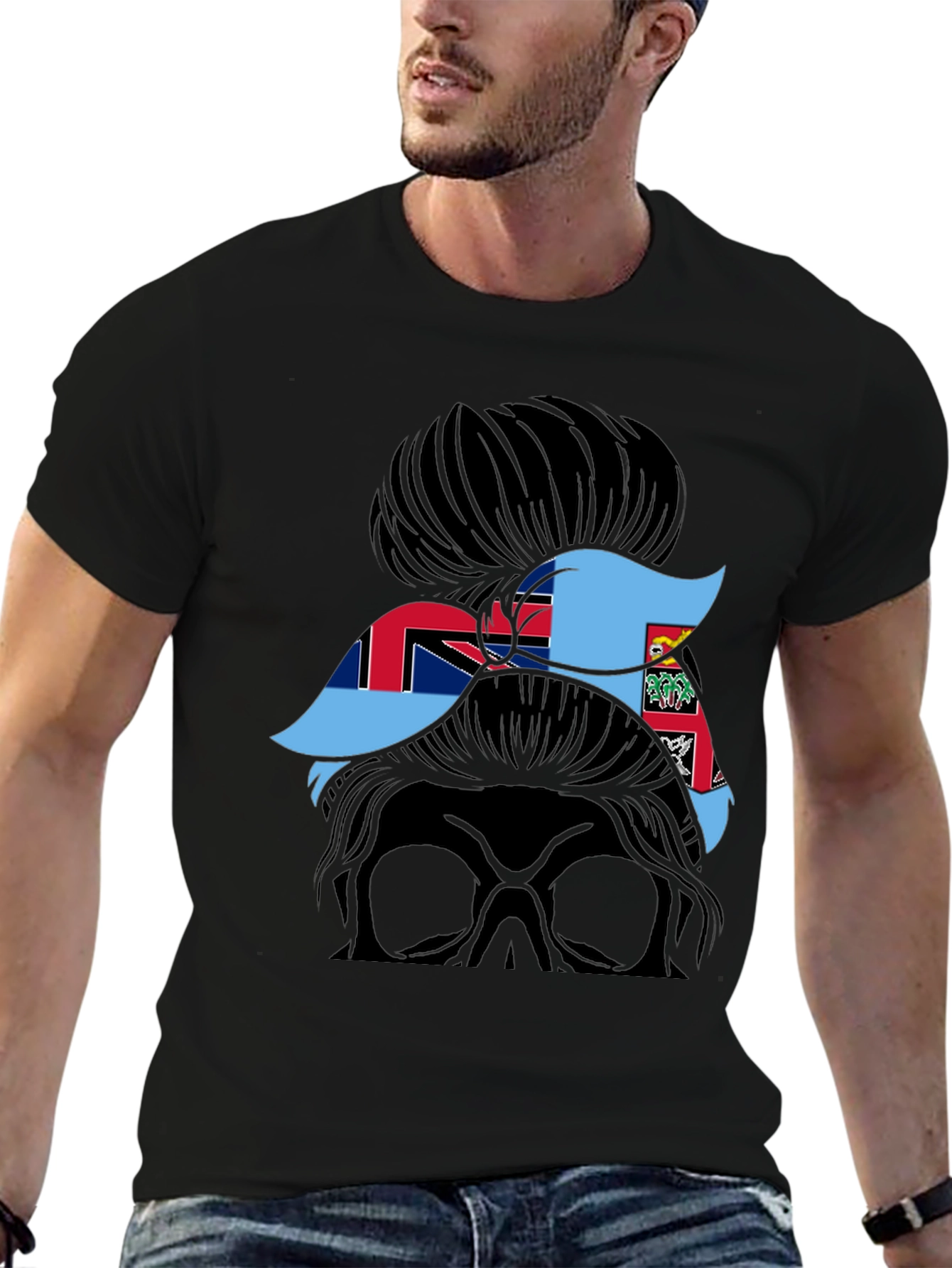 Fiji Flag Messy Bun T-Shirt - Black