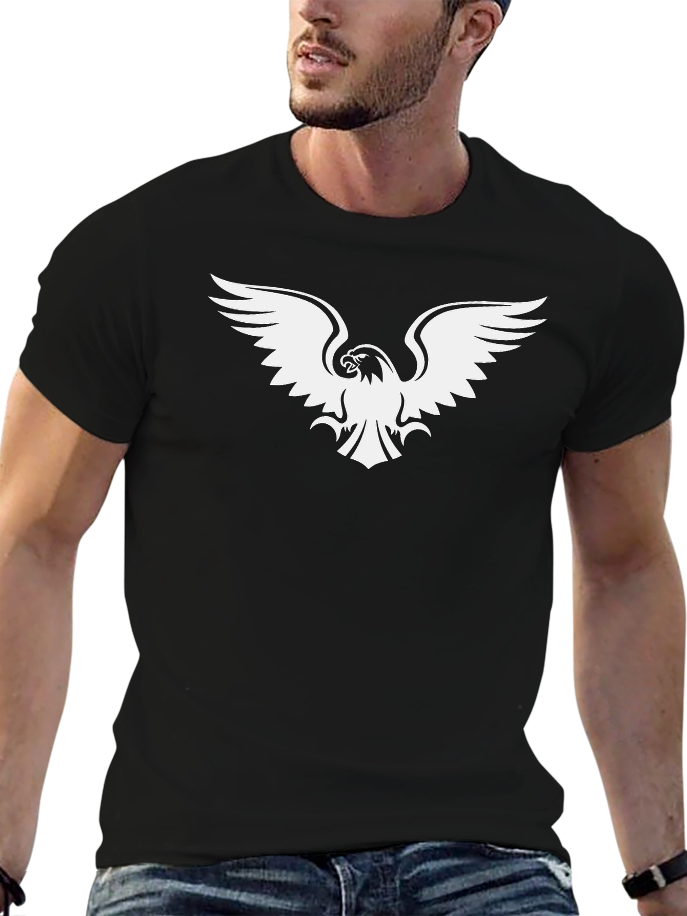 Black T-Shirt with White Eagle Graphic Print