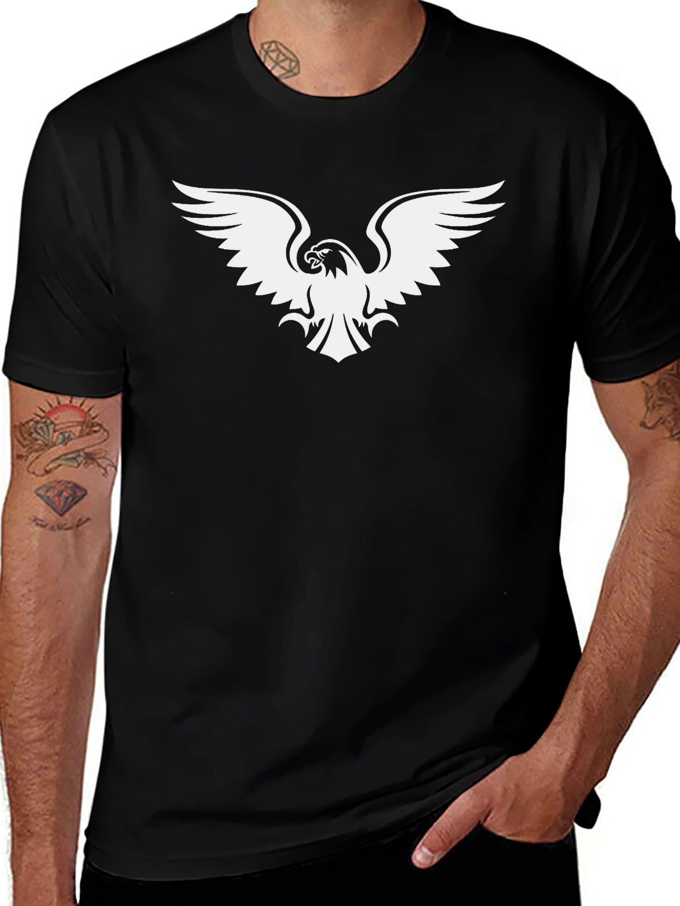 Black T-Shirt with White Eagle Graphic Print