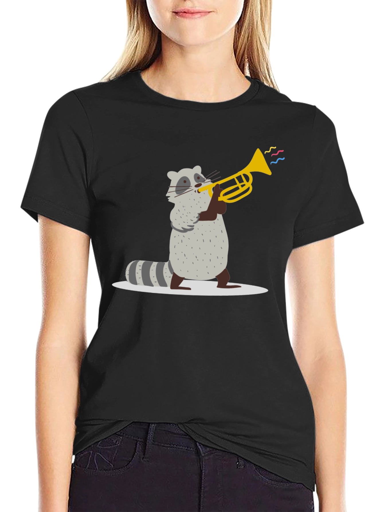 Raccoon Trumpet T-Shirt - Black Cotton Tee