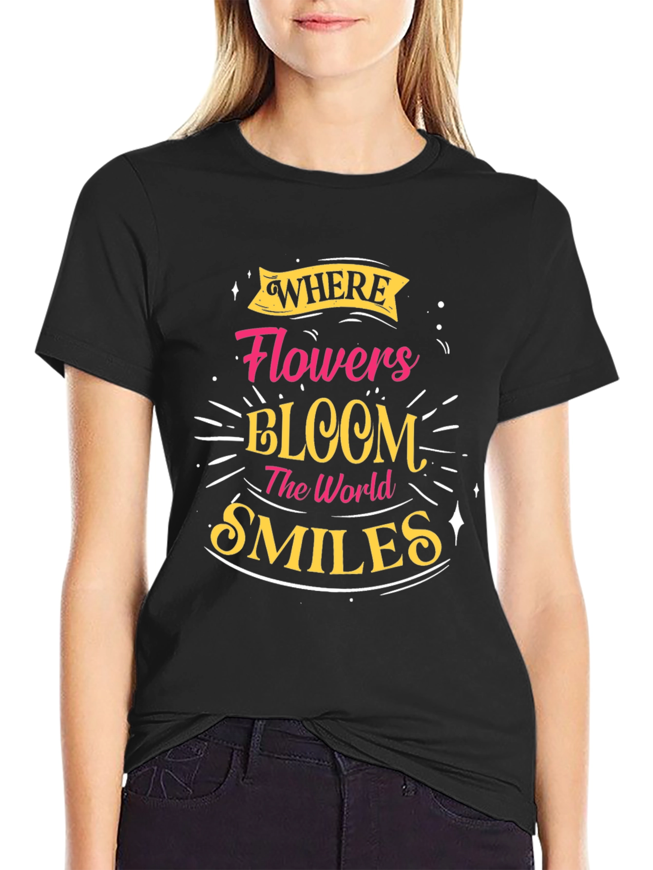Floral Bloom Smiles Black Graphic Tee