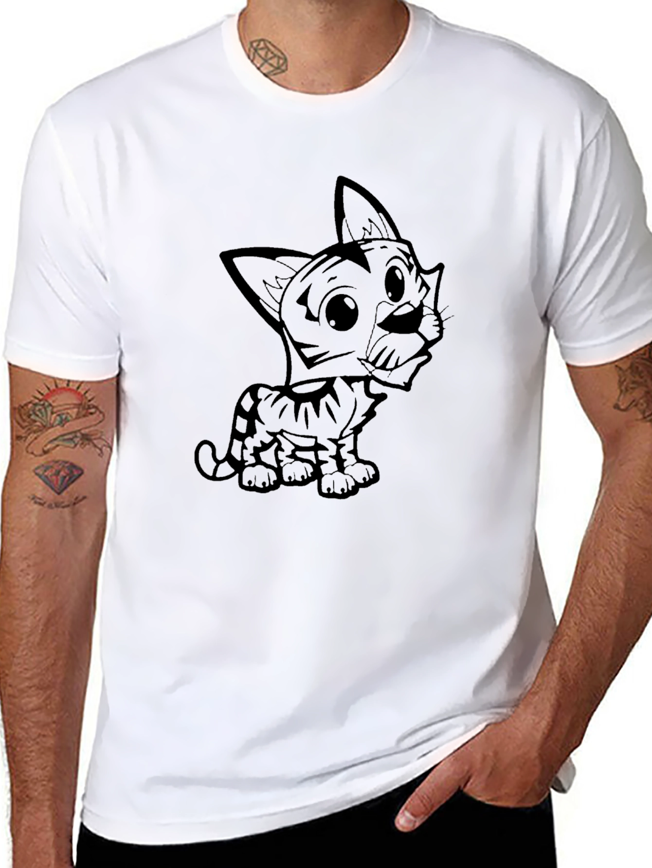Cute Cartoon Cat Graphic Tee - Black