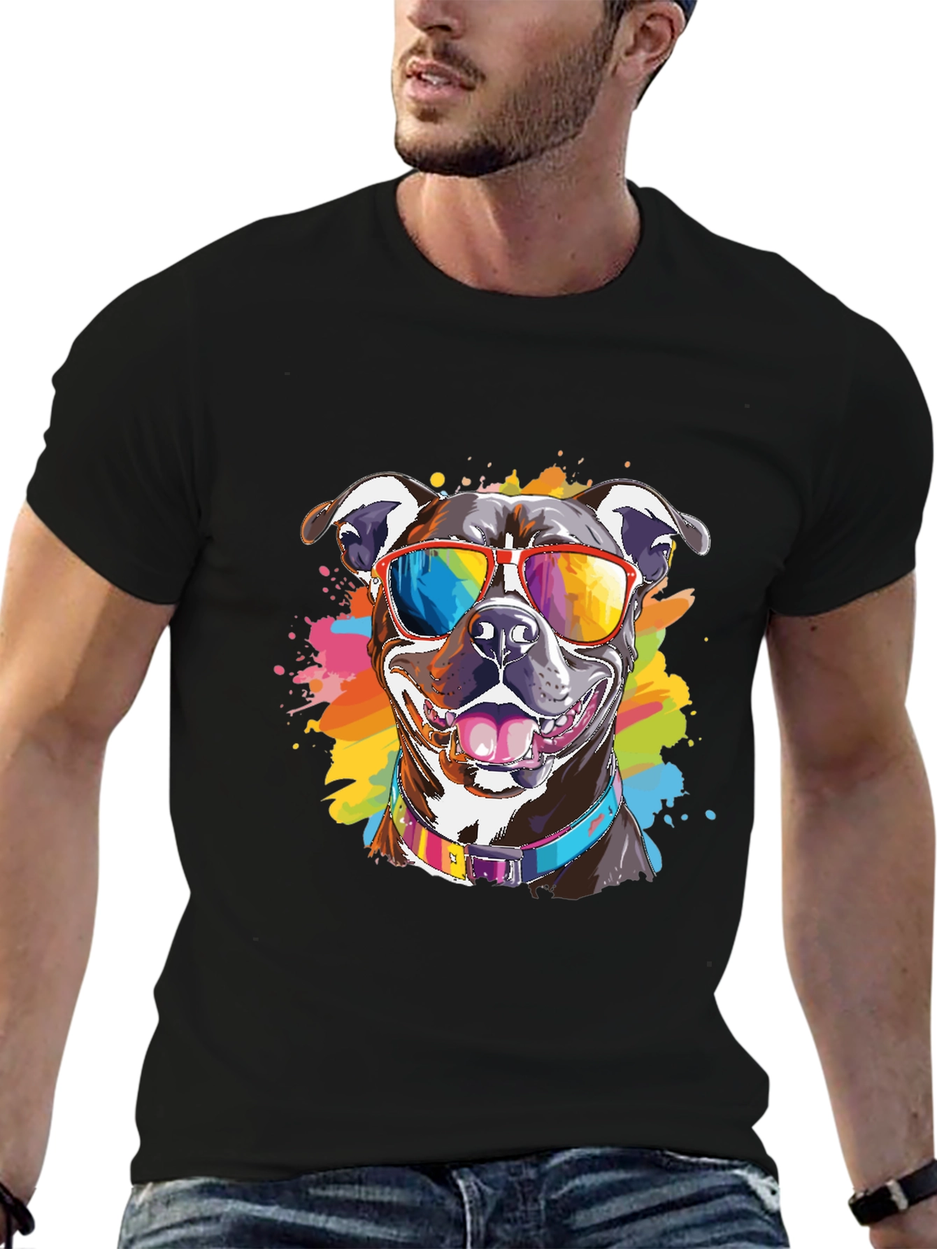 Pitbull Dog Rainbow Sunglasses Graphic T-Shirt