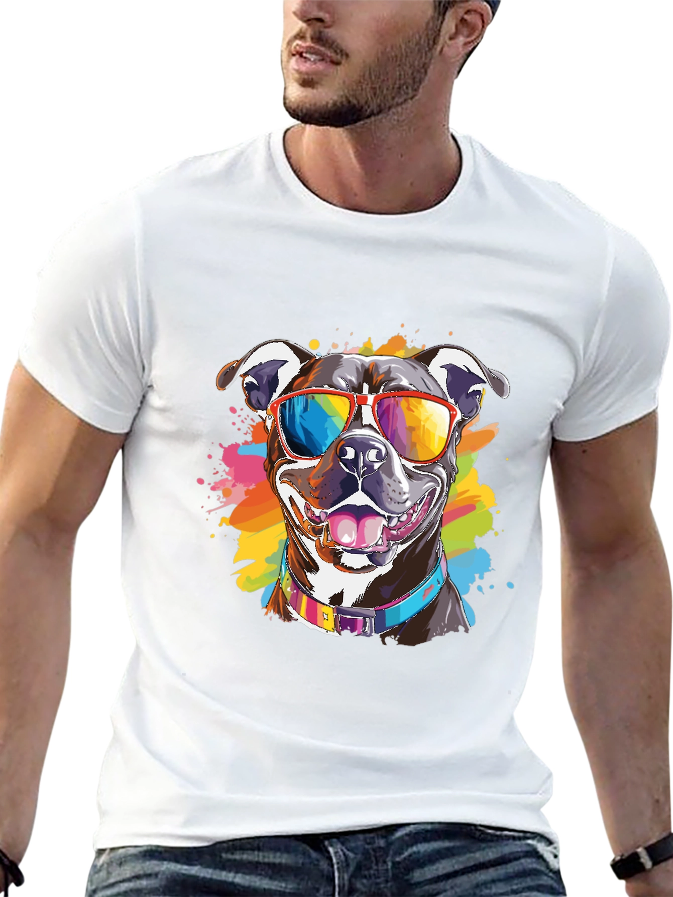 Pitbull Dog Rainbow Sunglasses Graphic T-Shirt