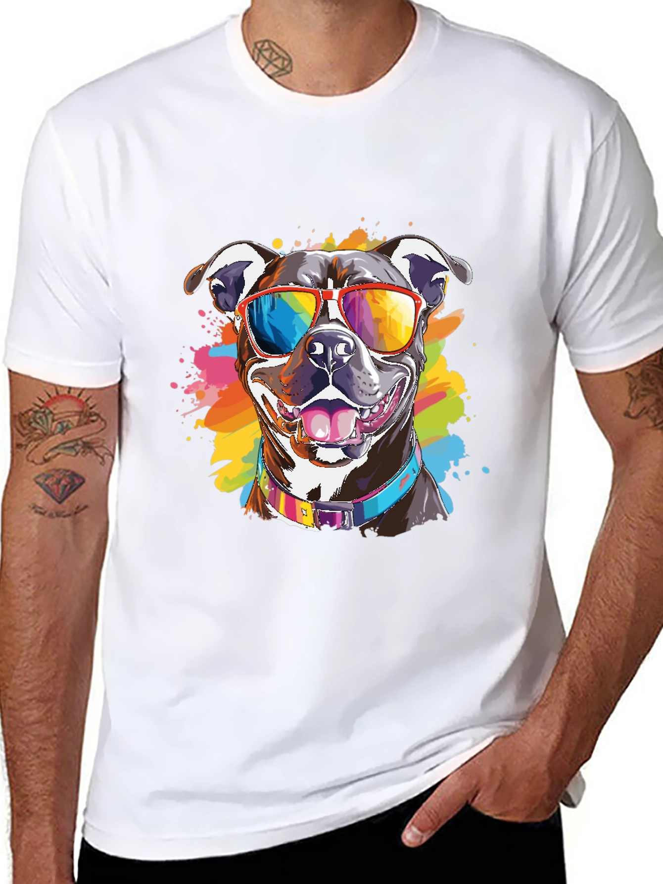 Pitbull Dog Rainbow Sunglasses Graphic T-Shirt