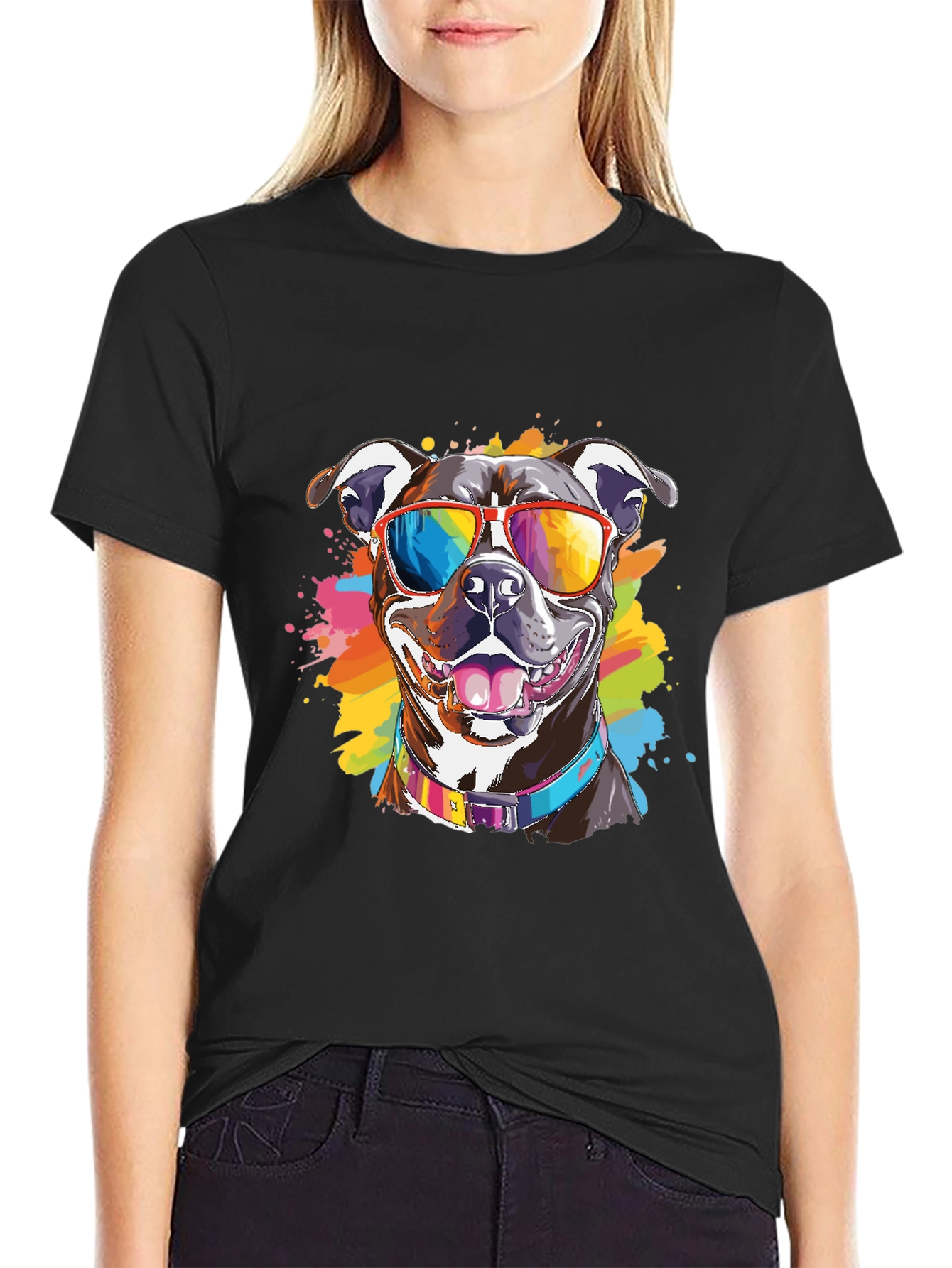 Pitbull Dog Rainbow Sunglasses Graphic T-Shirt