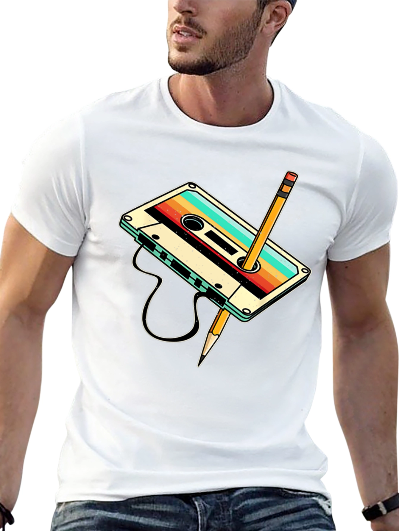 Retro Cassette Tape & Pencil Graphic T-Shirt