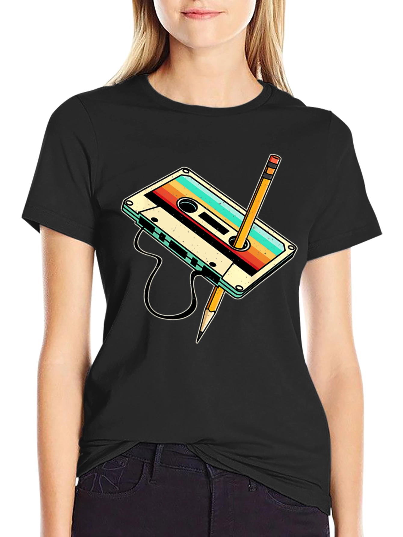 Retro Cassette Tape & Pencil Graphic T-Shirt