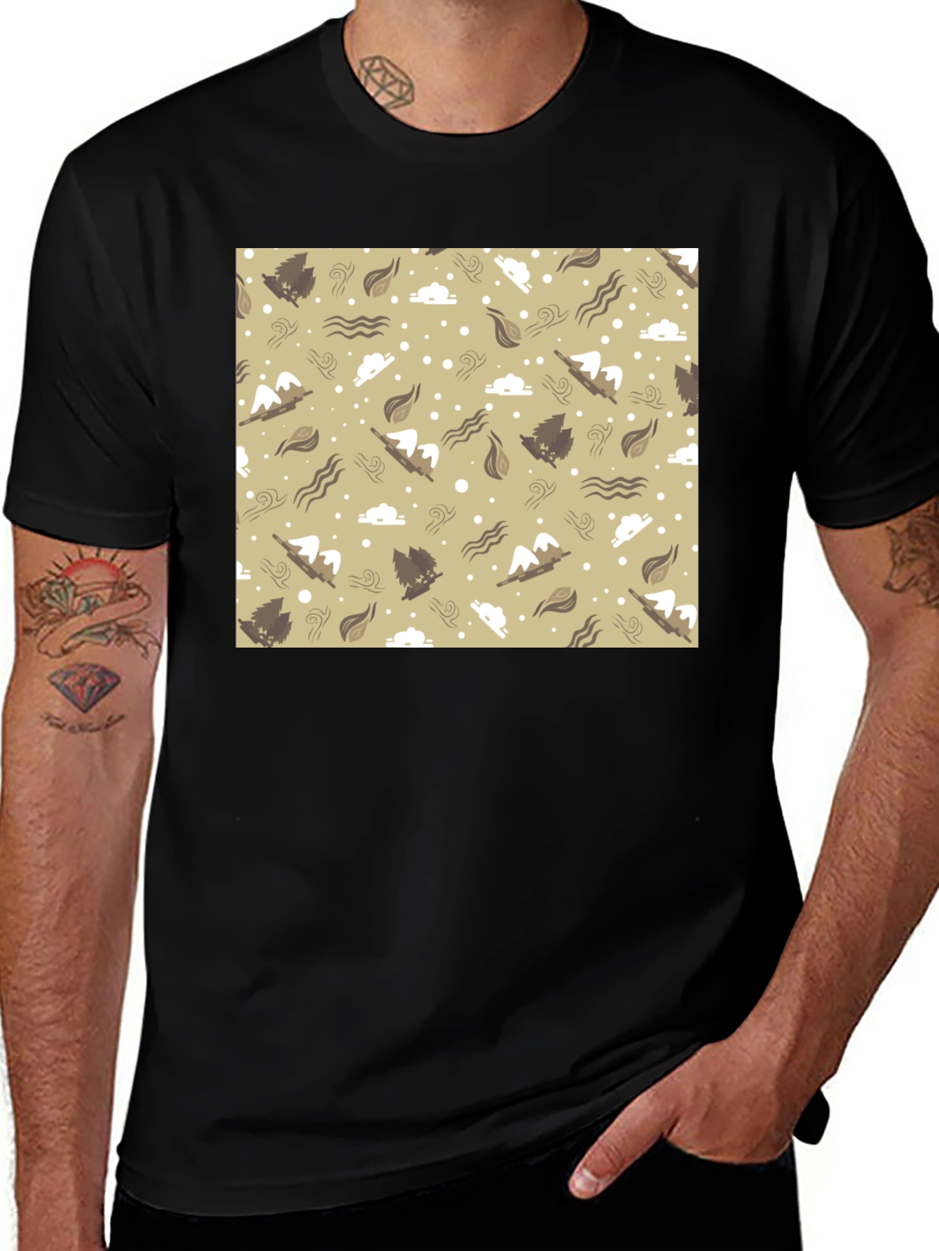 Patterned Graphic Tee - Black Casual T-Shirt