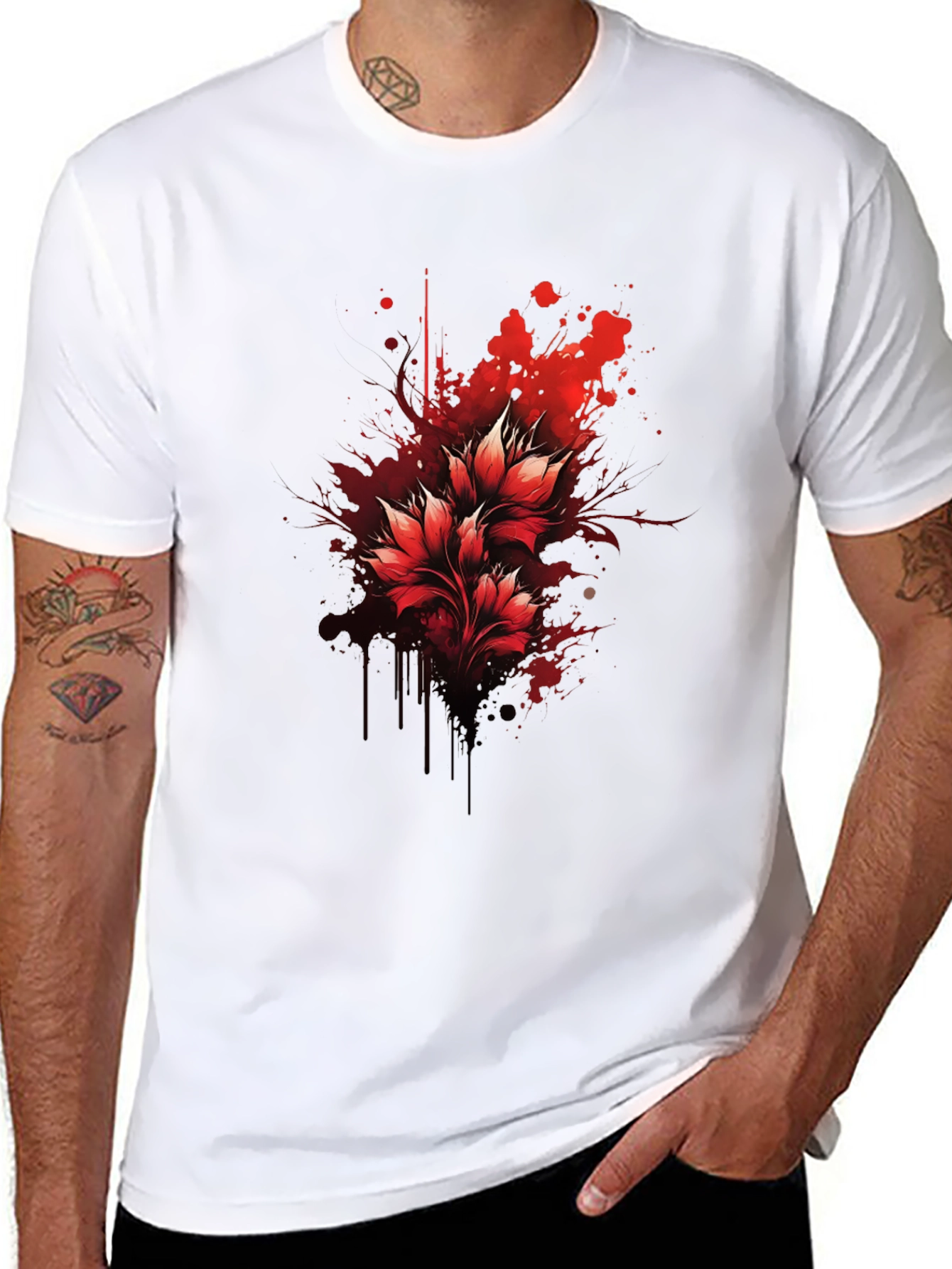 Red Floral Splatter Graphic Black T-Shirt
