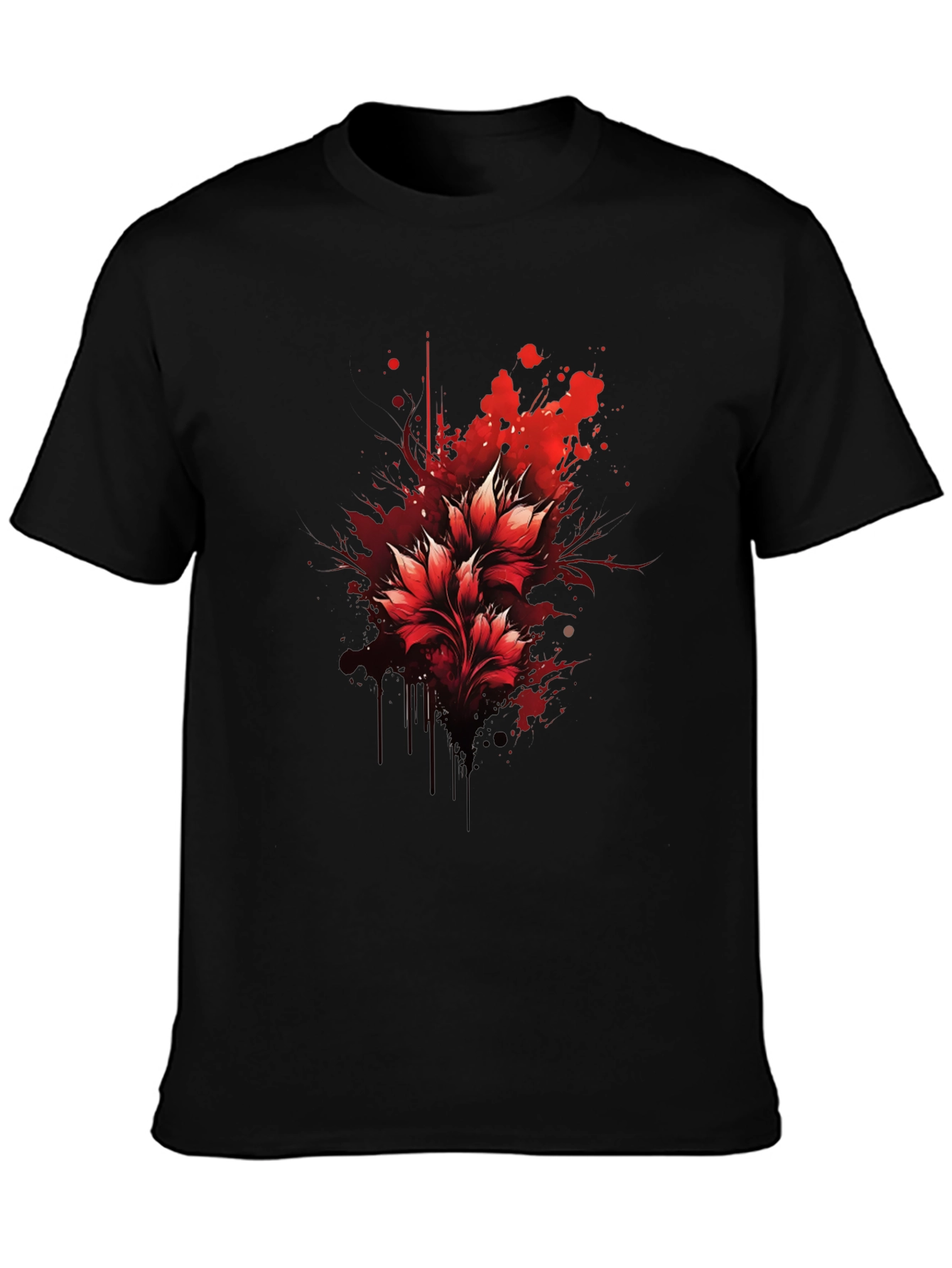 Red Floral Splatter Graphic Black T-Shirt