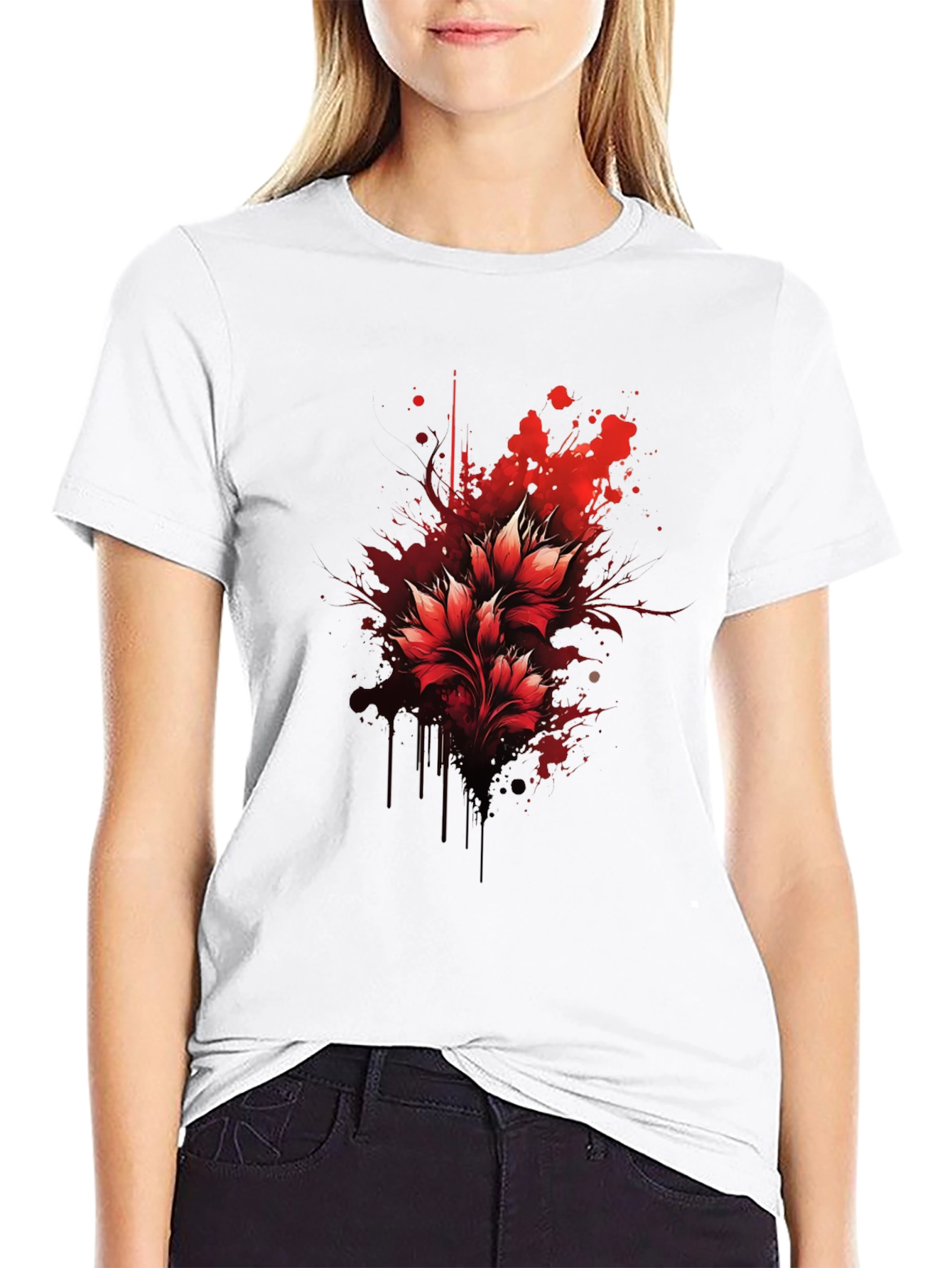 Red Floral Splatter Graphic Black T-Shirt