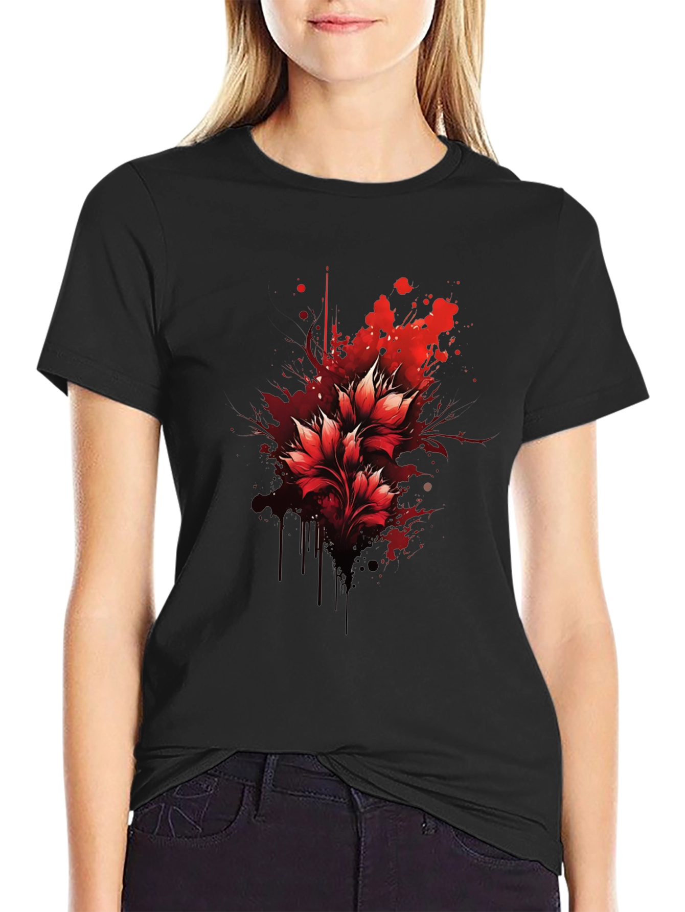 Red Floral Splatter Graphic Black T-Shirt