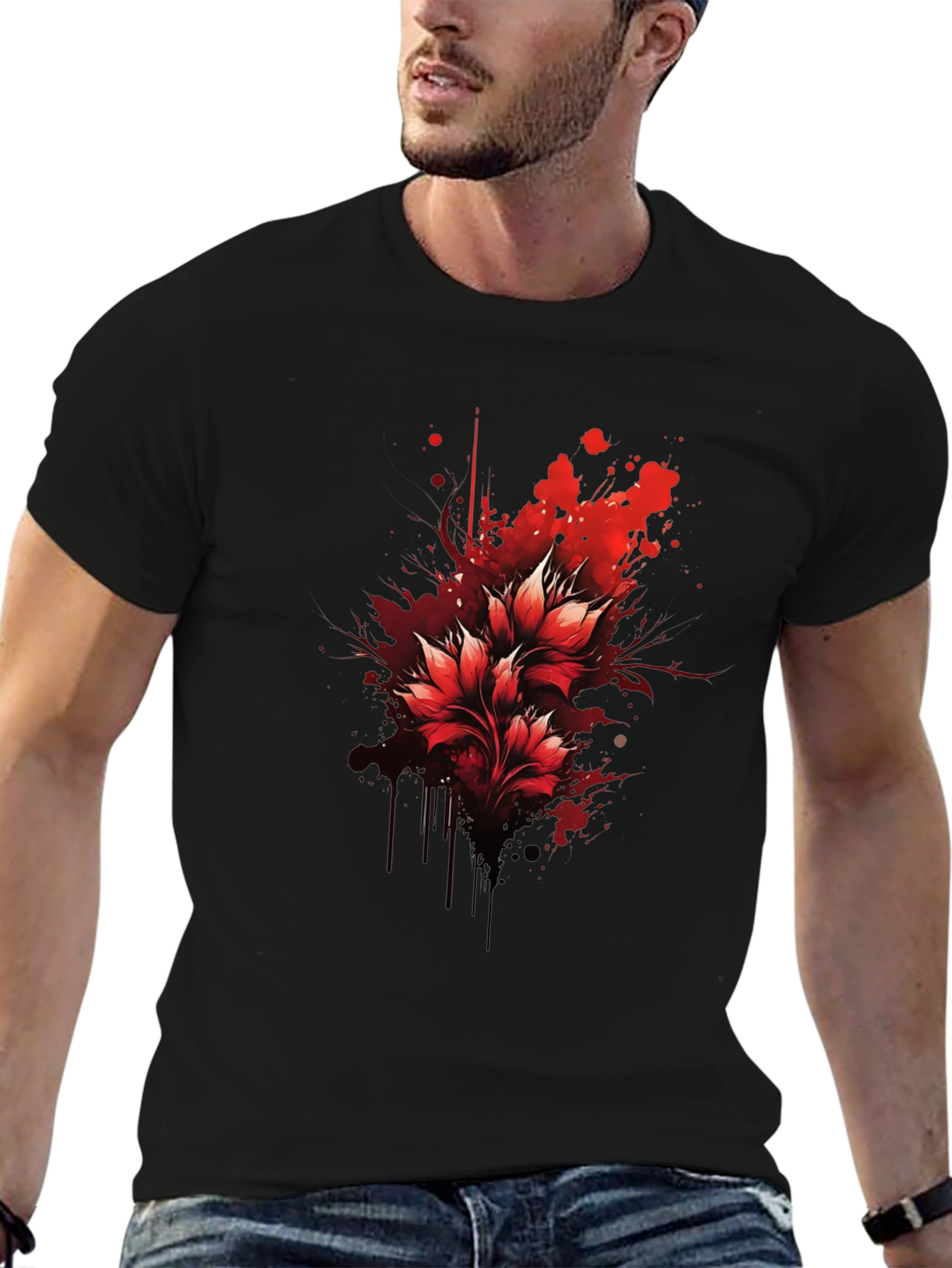 Red Floral Splatter Graphic Black T-Shirt