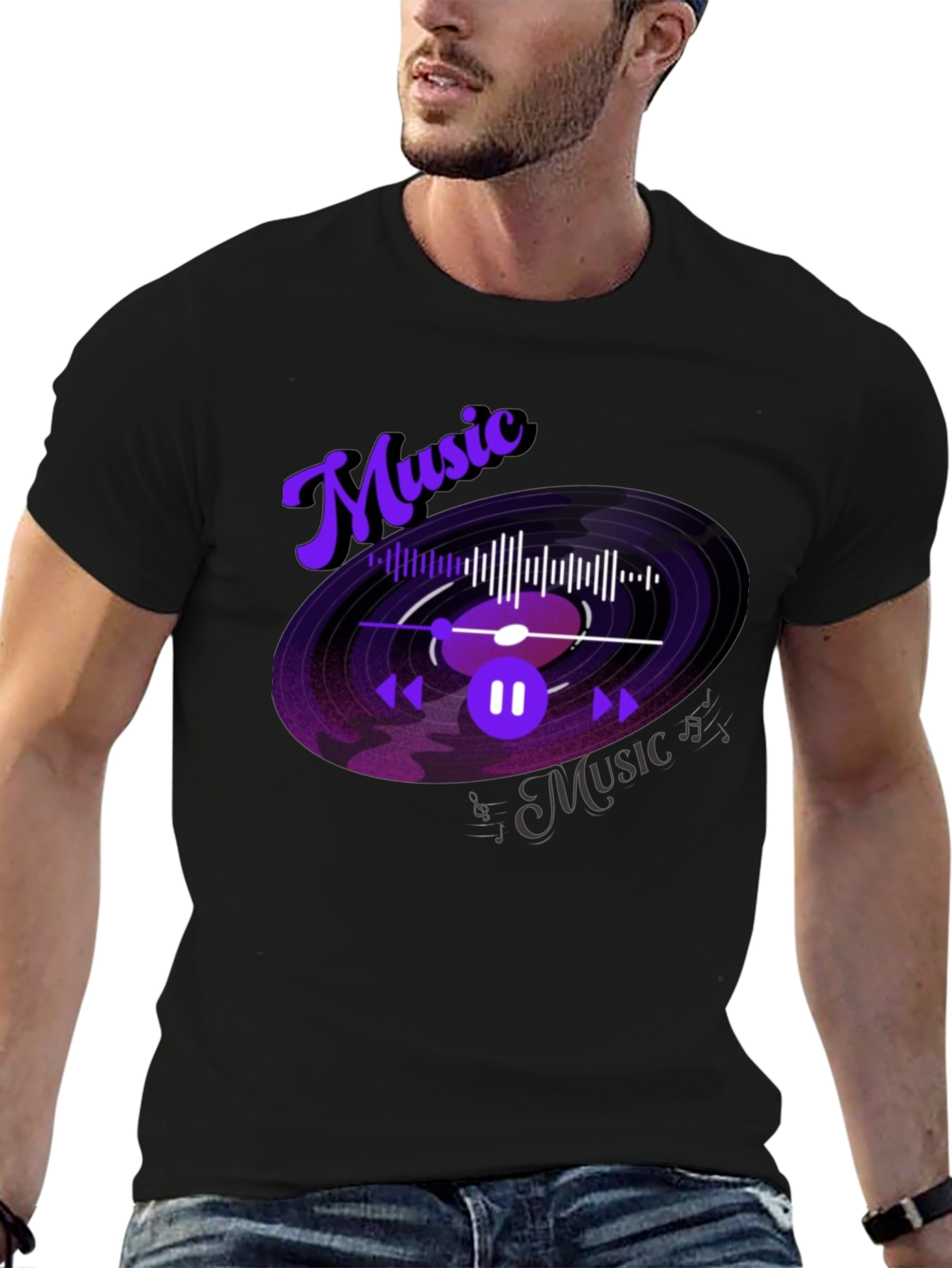 Music Lover Graphic Tee - Black Cotton Blend T-Shirt