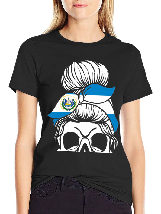 El Salvador Flag Messy Bun Skull T-Shirt