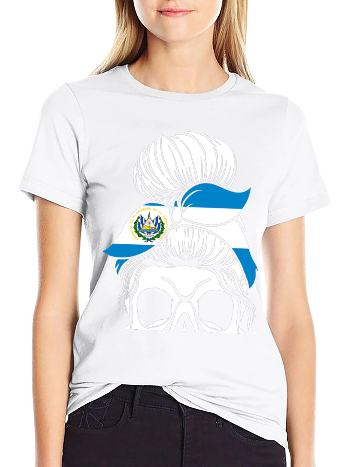El Salvador Flag Messy Bun Skull T-Shirt