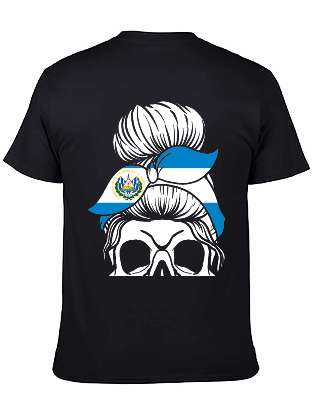 El Salvador Flag Messy Bun Skull T-Shirt