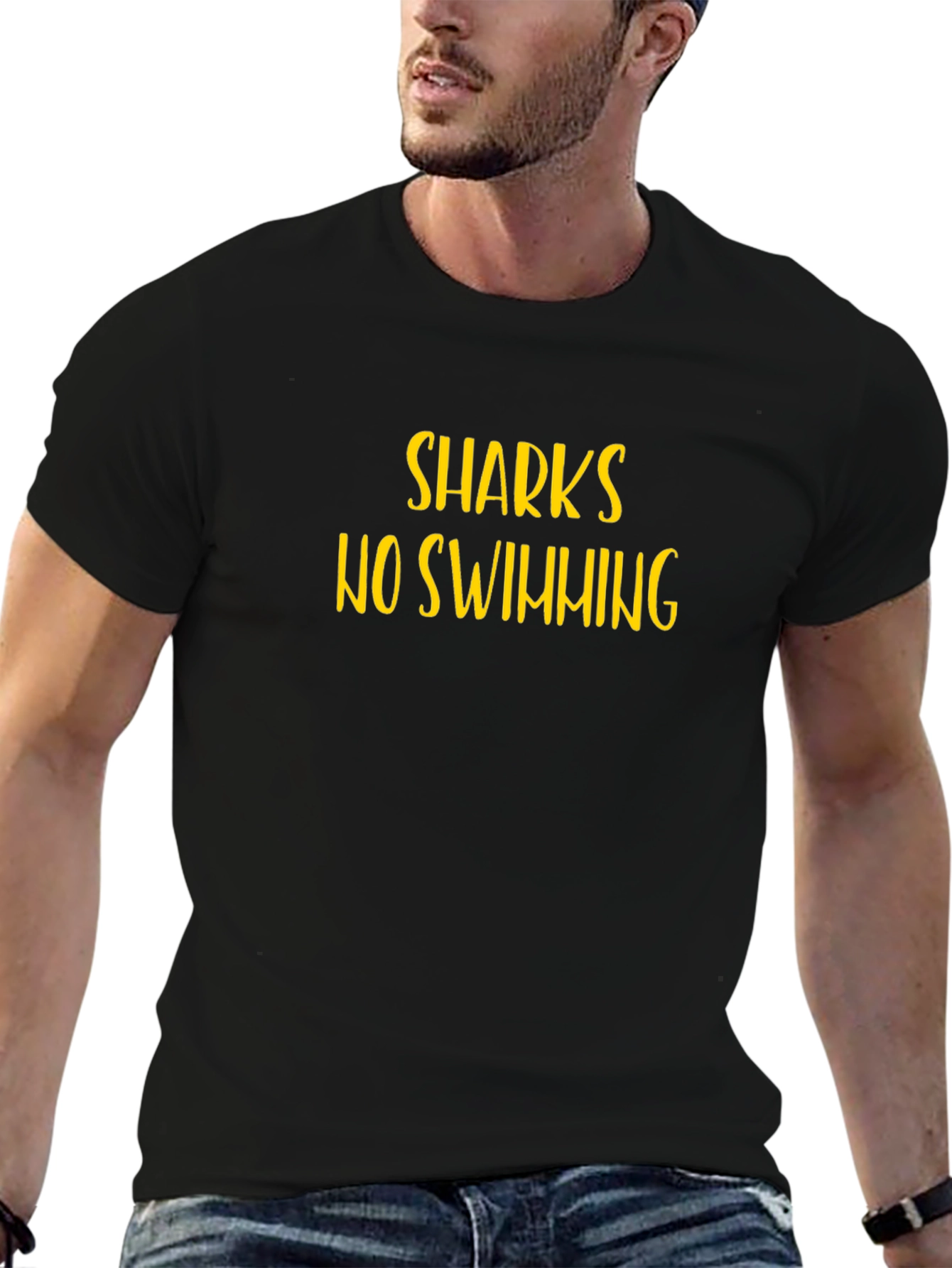 Sharks No Swimming Graphic Black Tee Shirt