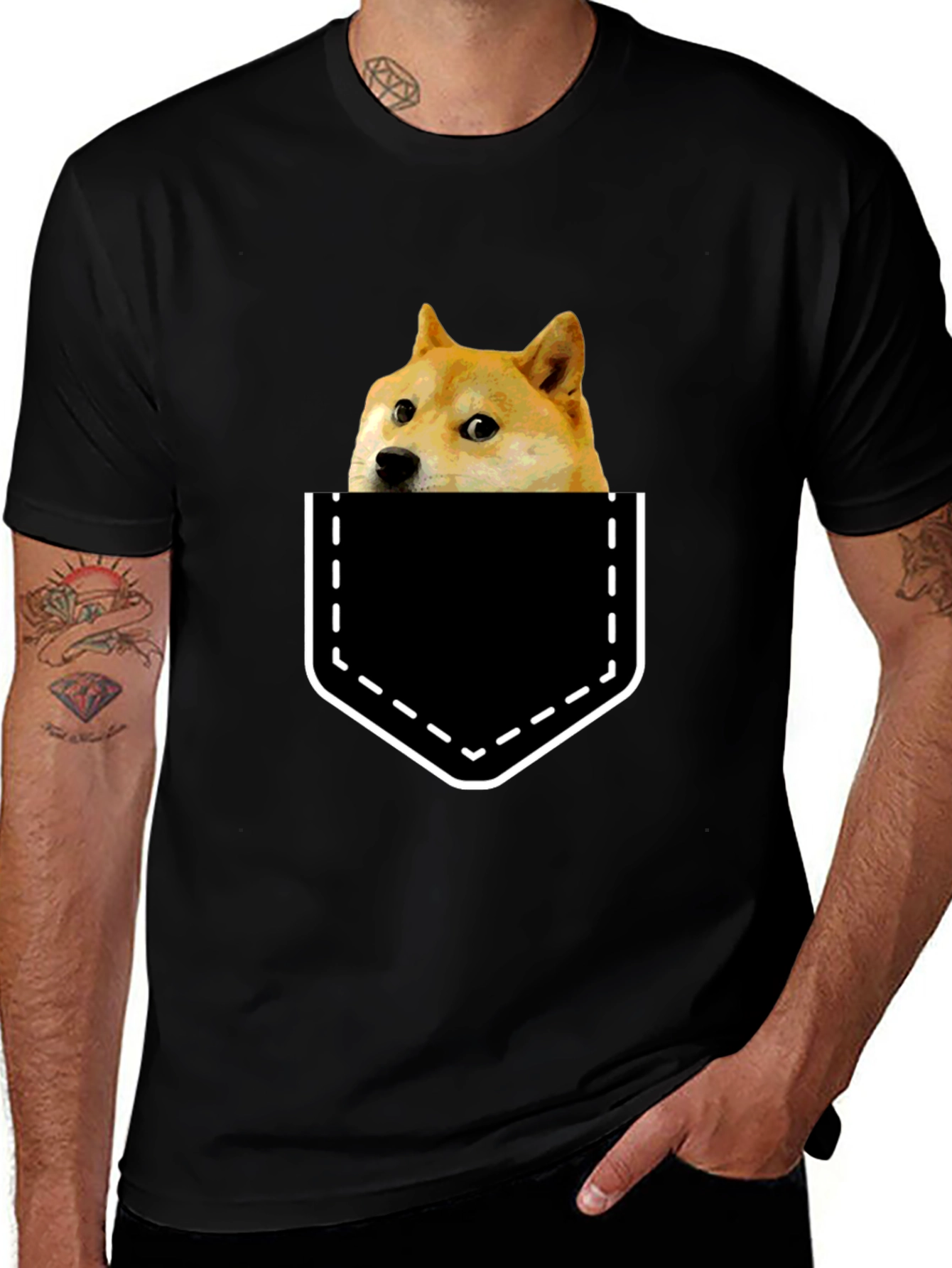 Doge in Pocket Graphic Tee - Black Cotton T-Shirt