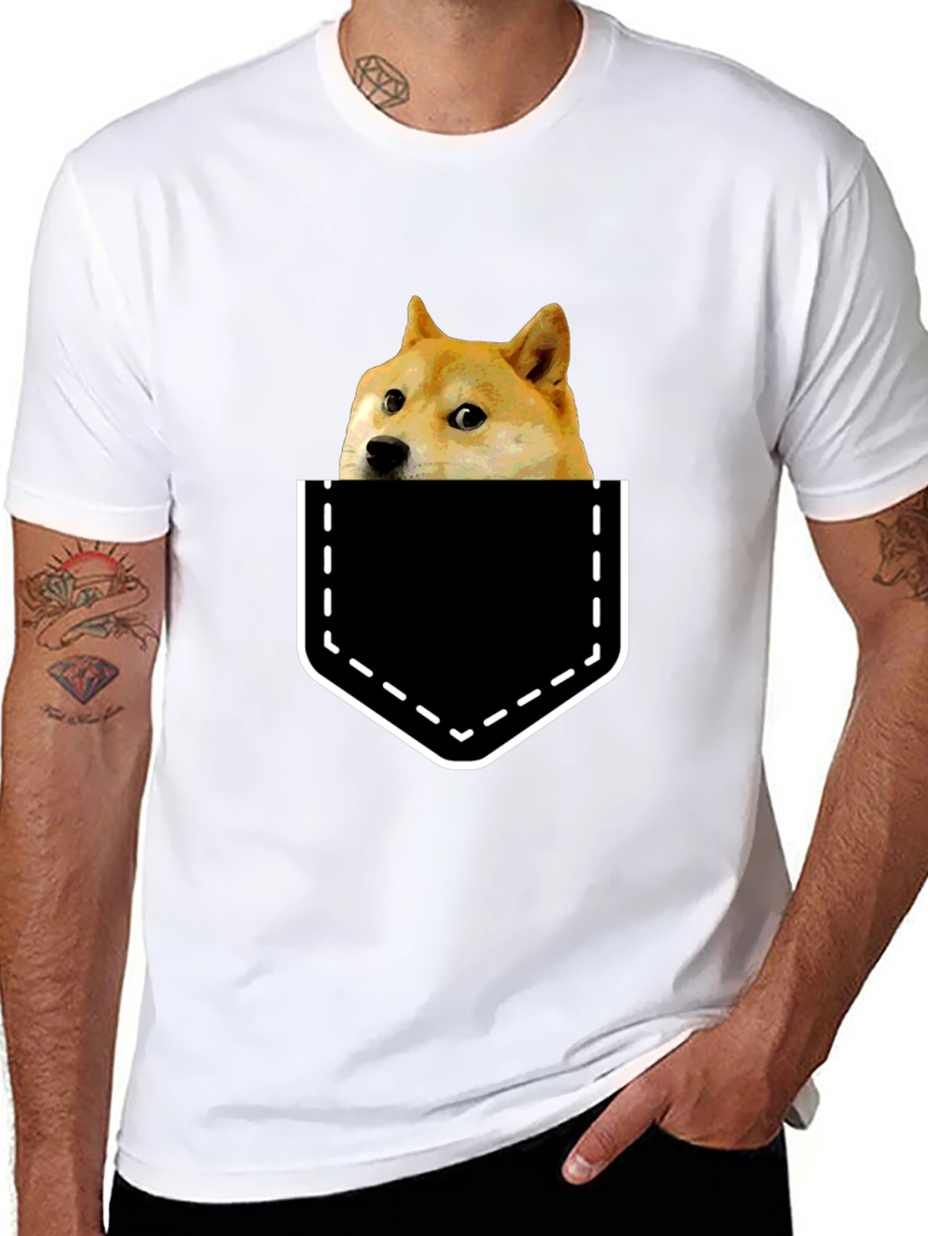Doge in Pocket Graphic Tee - Black Cotton T-Shirt