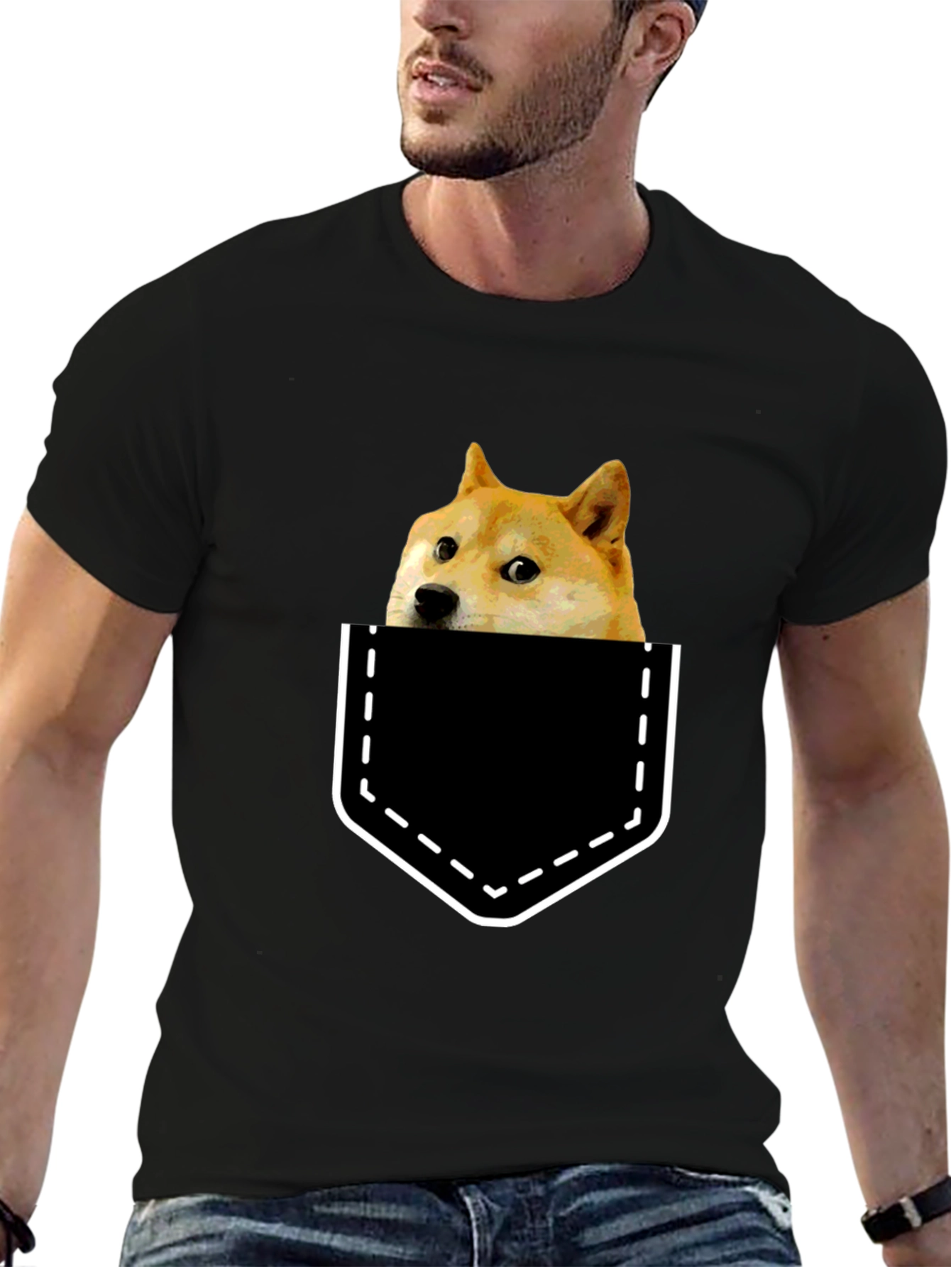 Doge in Pocket Graphic Tee - Black Cotton T-Shirt