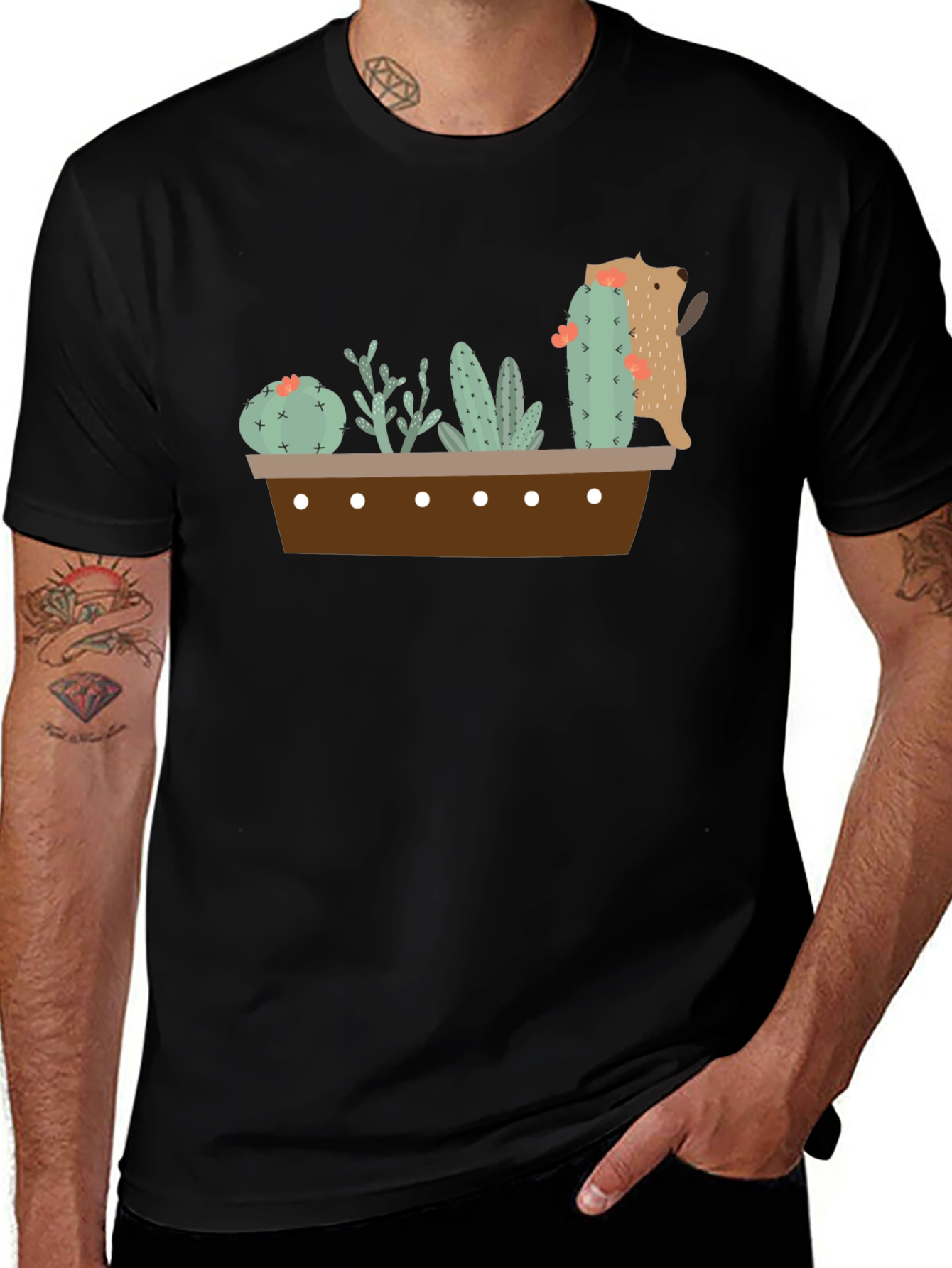 Cactus Garden Graphic Tee - Black Cotton T-Shirt