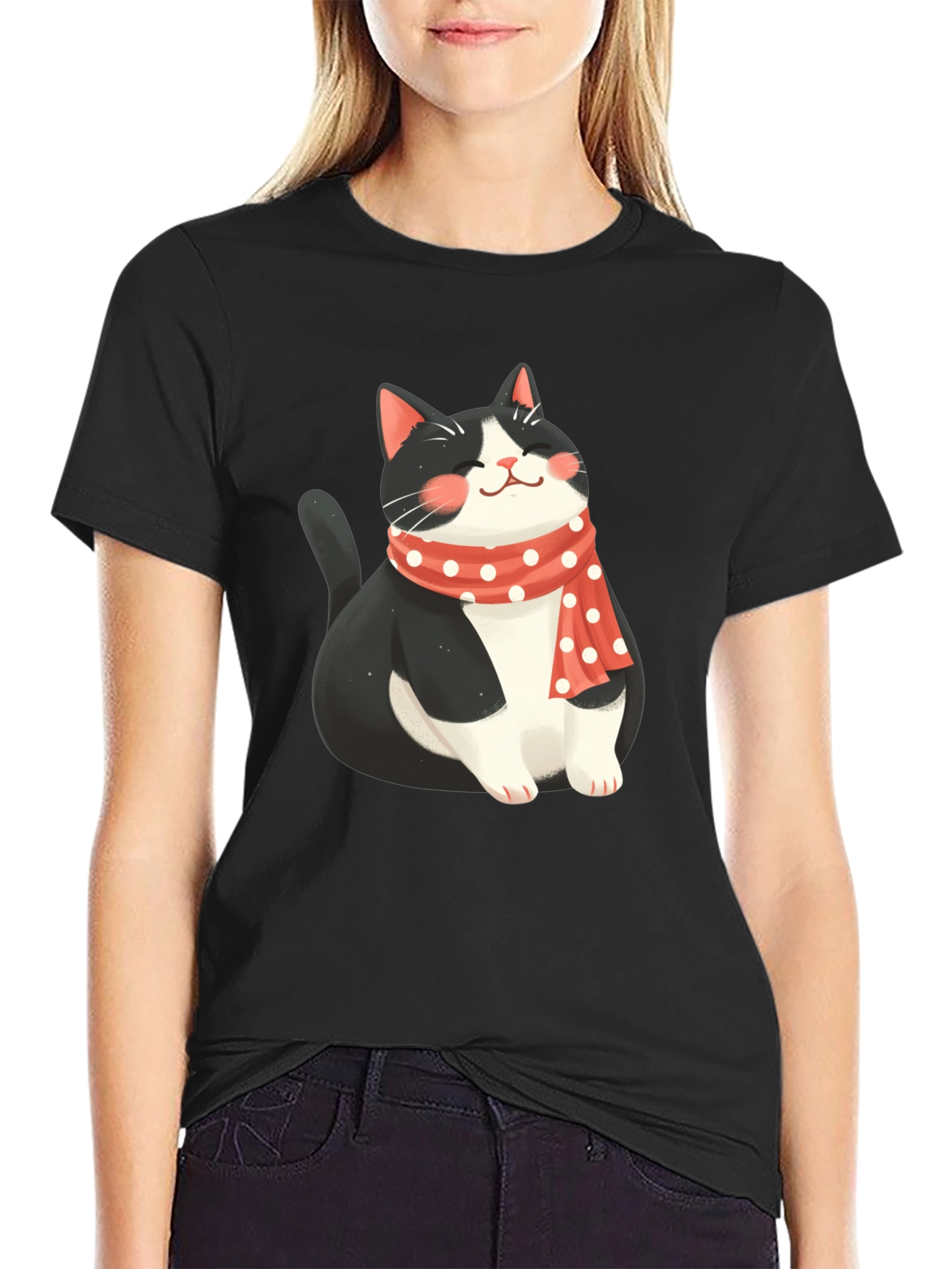 Cute Cat with Scarf Black T-Shirt