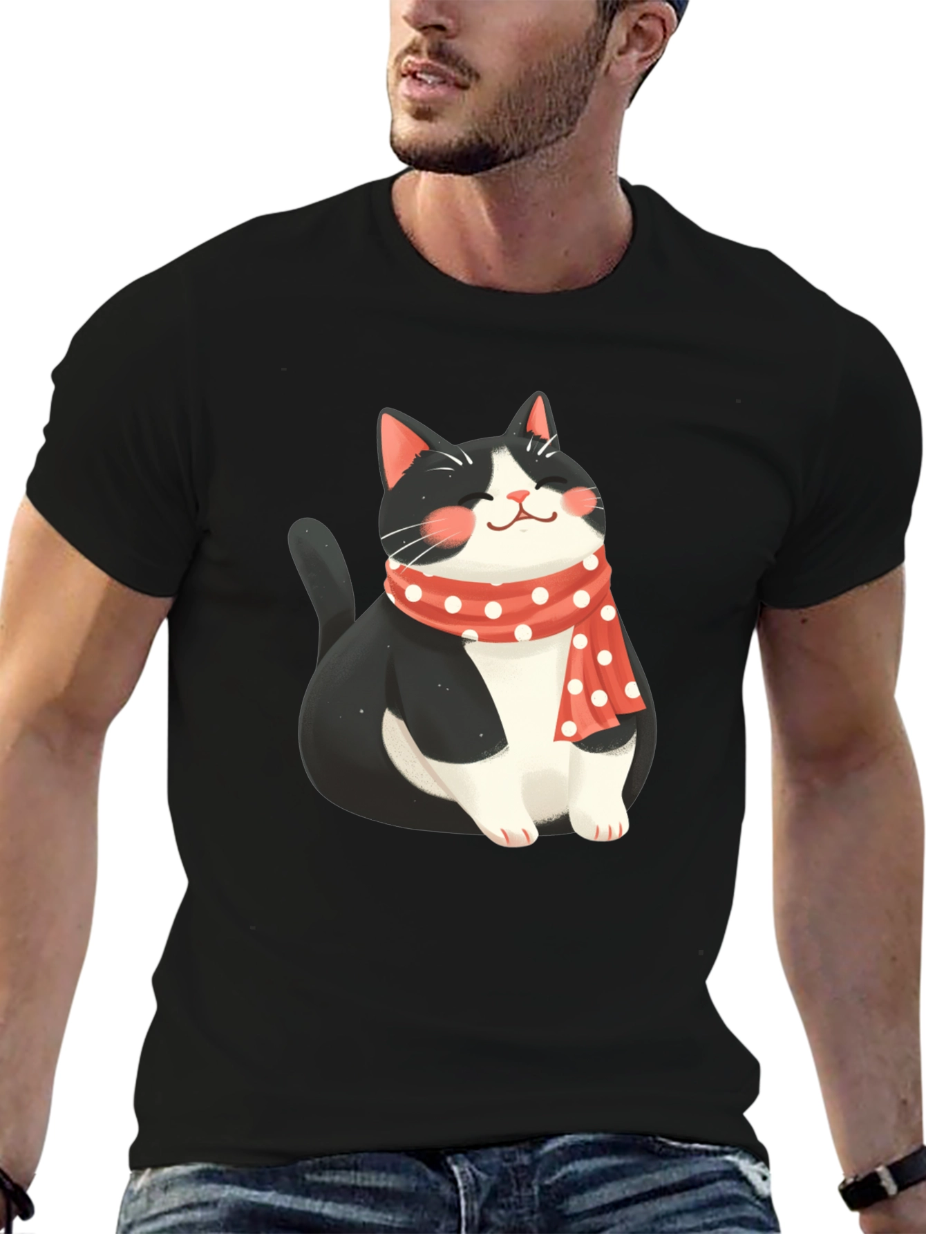 Cute Cat with Scarf Black T-Shirt